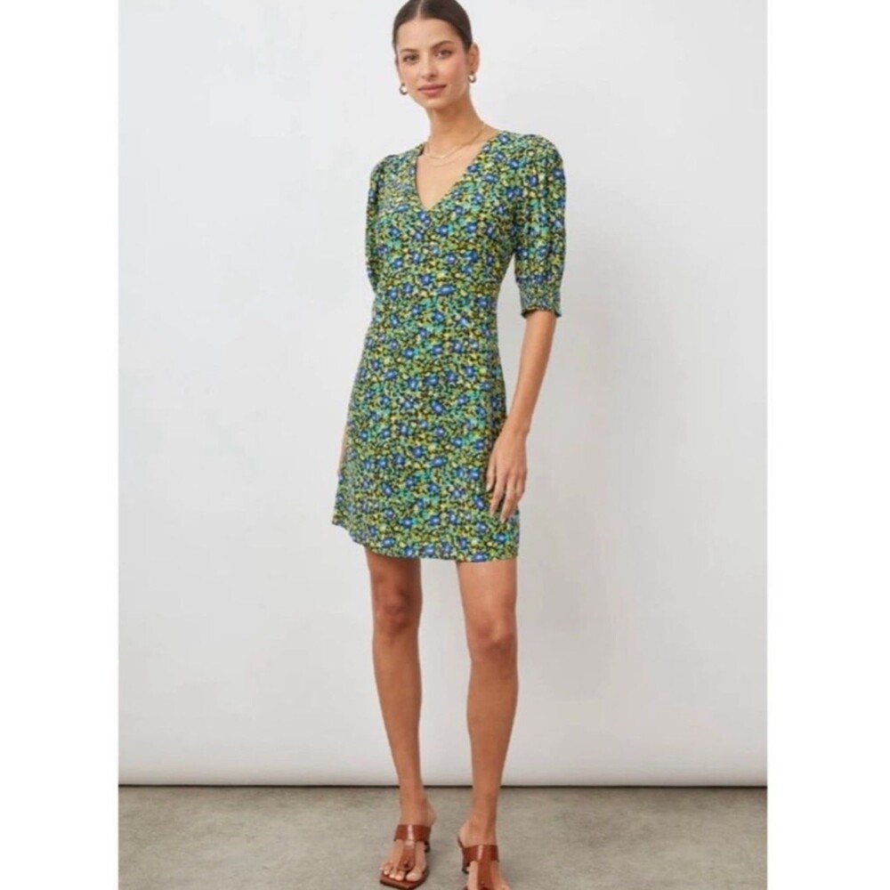 Rails Roma Dress Abstract Garden Print Green Blue Short Sleeve Size Small
